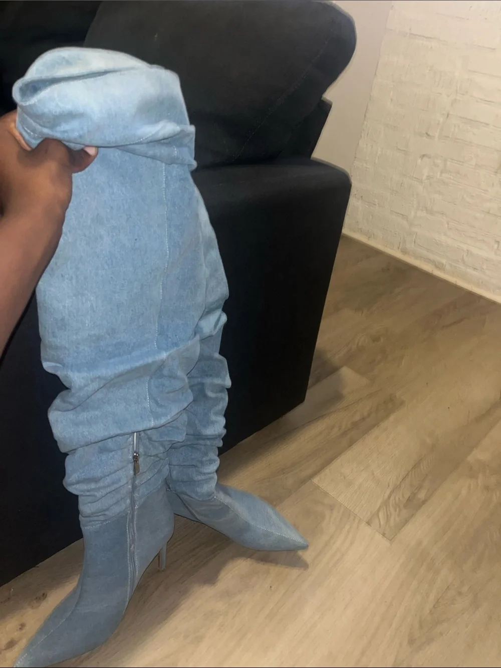 Light Blue Slouchy Pointed-Toe Over-the-Knee Boots